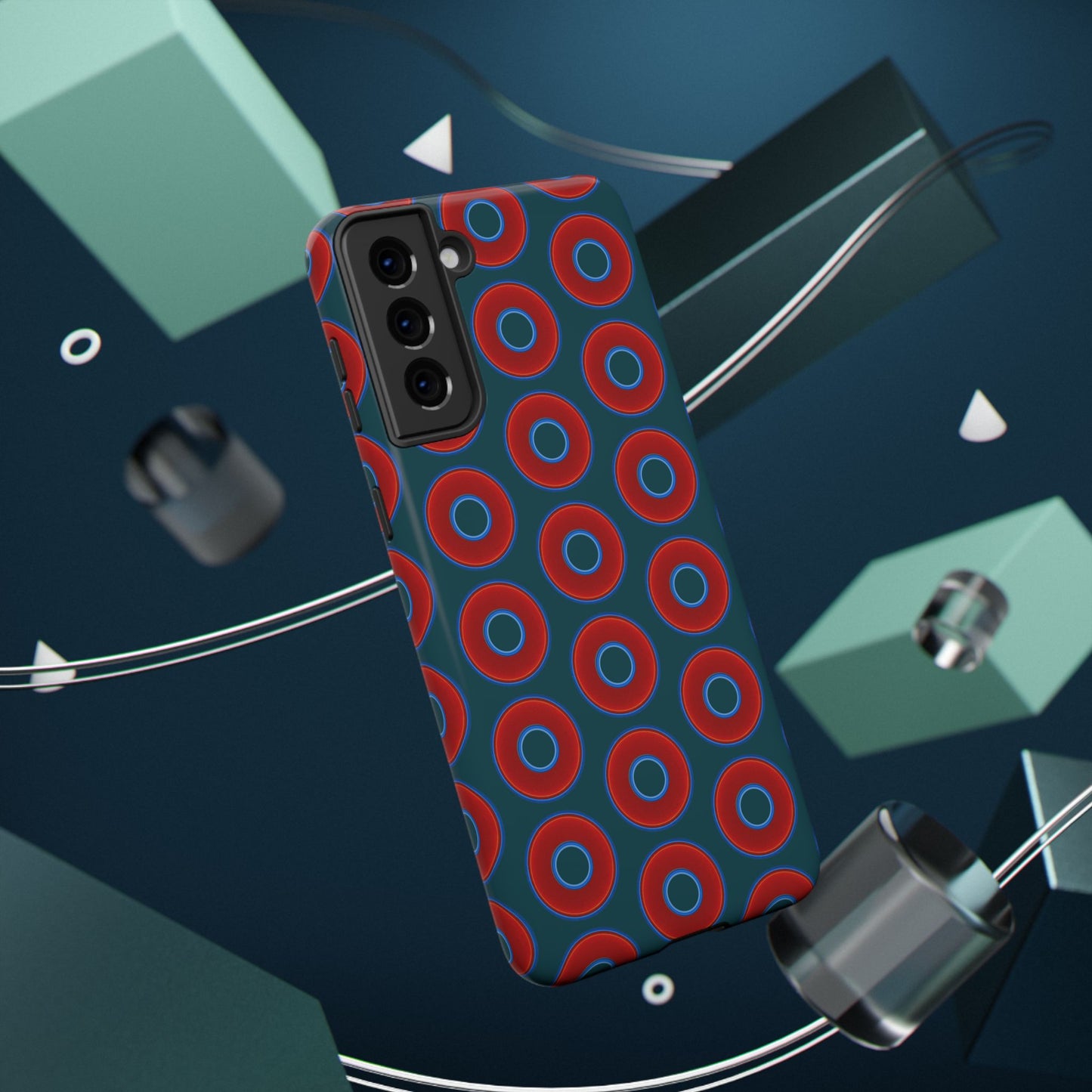 Impact-Resistant Lumpy Donut Case - red vivid donut print w/midnight green background