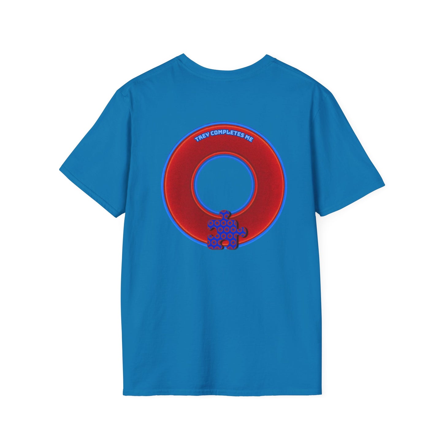 Classic Donut Tee - Unisex Soft-Style - "Trey's Completed Donut" - vivid red/blue donut