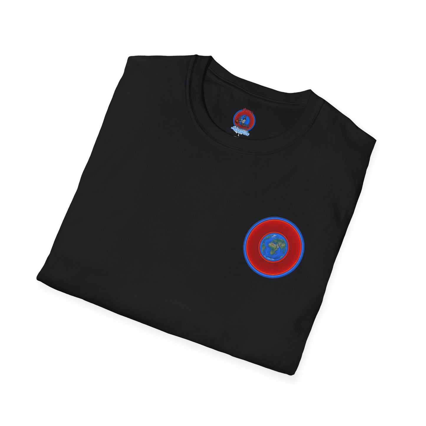 Classic Donut Tee - Unisex Soft-Style - "Soul Donut - We Keep on Rollin' Dough" - vivid red planetary donut - variant 1 [*charitable print - 50% of profit to The Nature Conservatory]