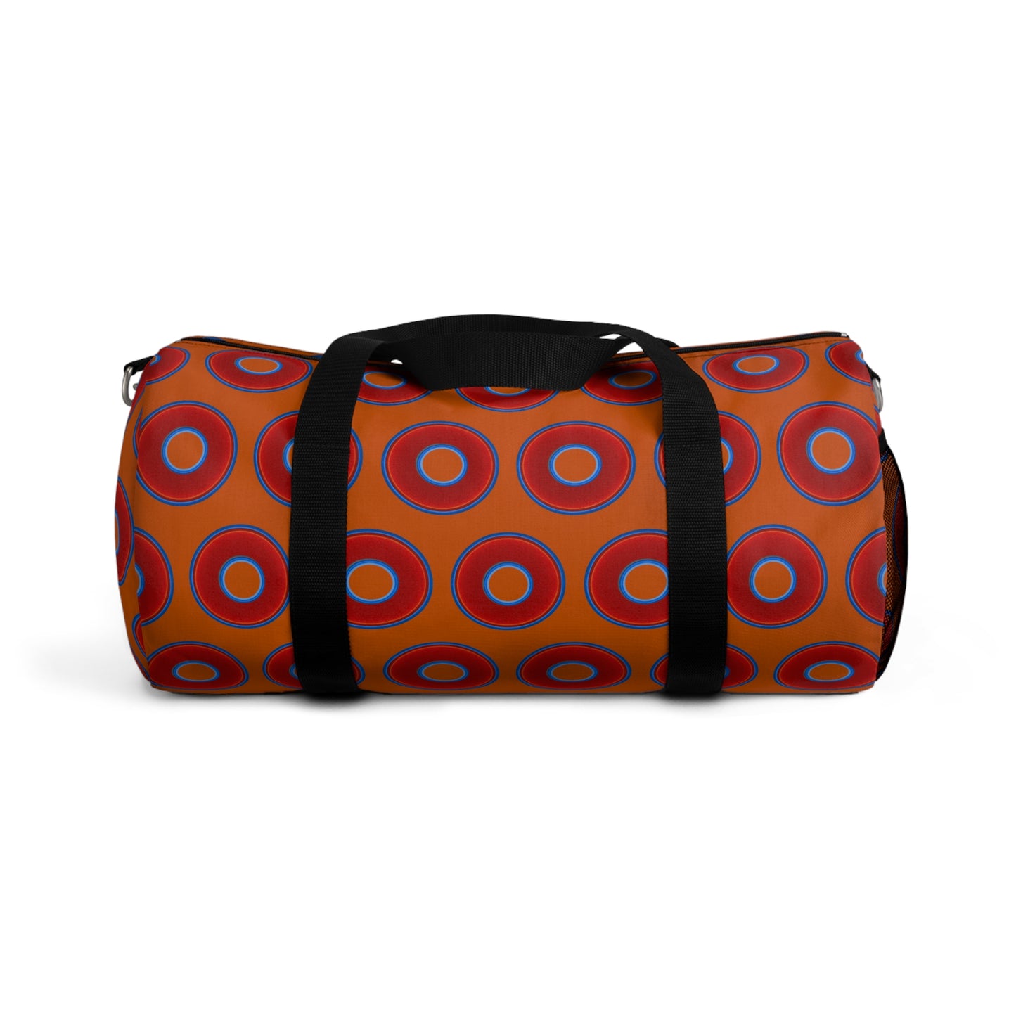 Lumpy Duffel - vivid red donuts w/dark orange background