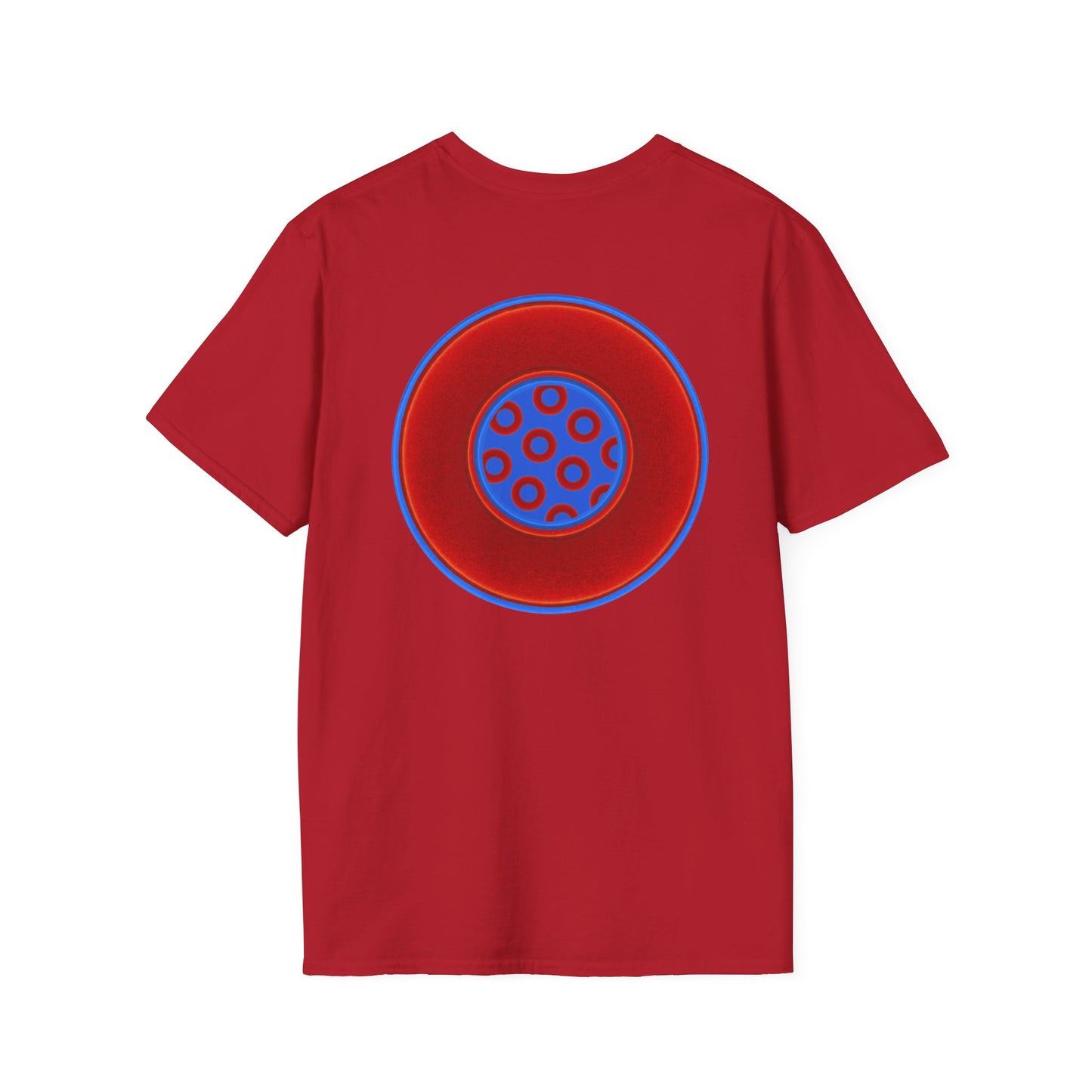 Classic Donut Tee - Unisex Soft-Style - "Portal Donut" - vivid red/blue donut  - w/royal blue - variant 1