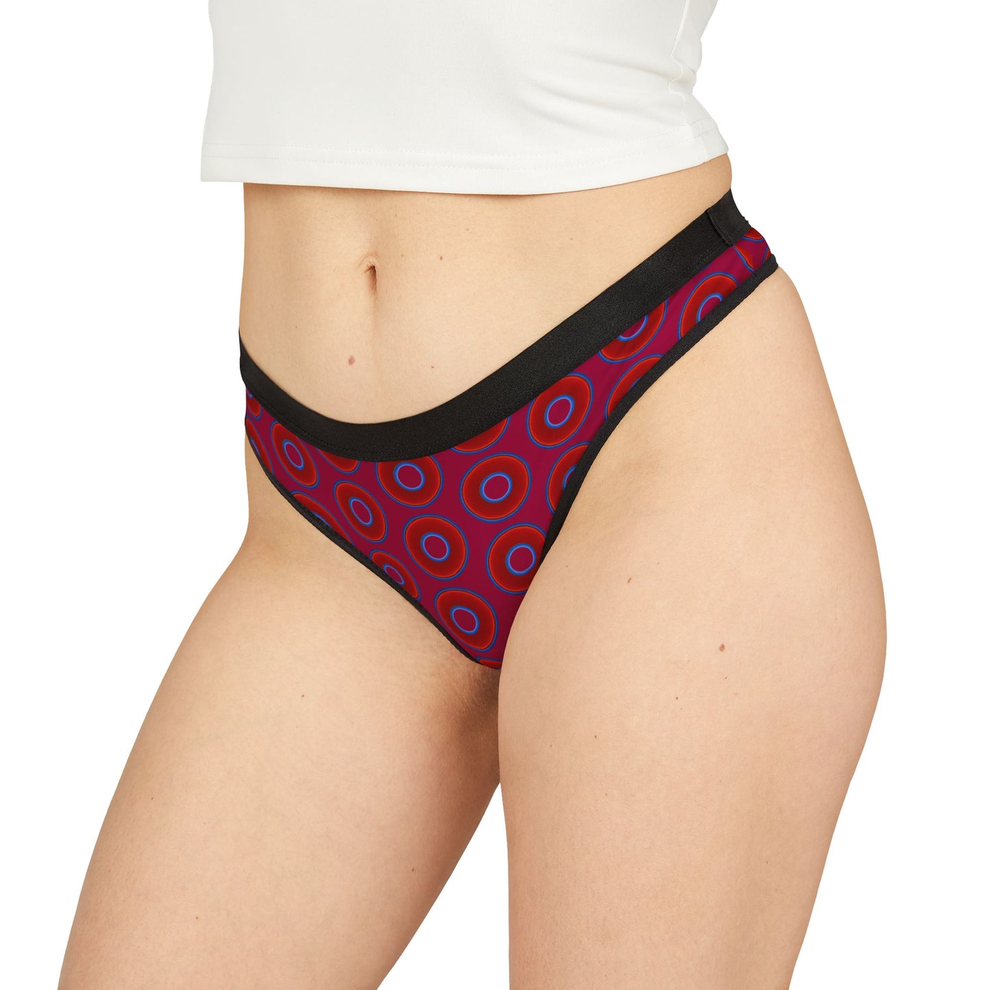 Lumpy Donut Thongs - red vivid donut print w/dark magenta background