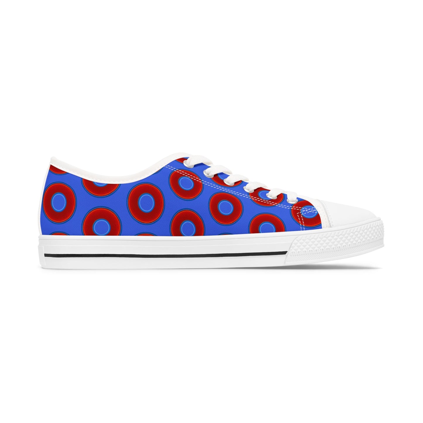 Women's - Low Top Chuck Taylors - large vivid red donut print w/royal blue background