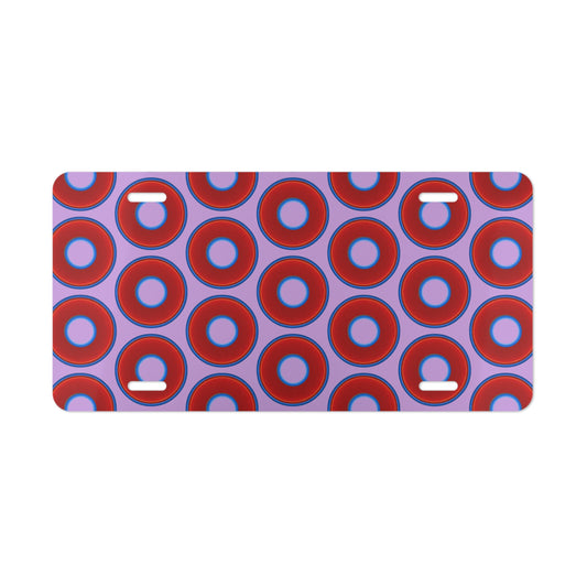 Lumpy Donut Vanity Plate - red vivid donut print w/wisteria purple background