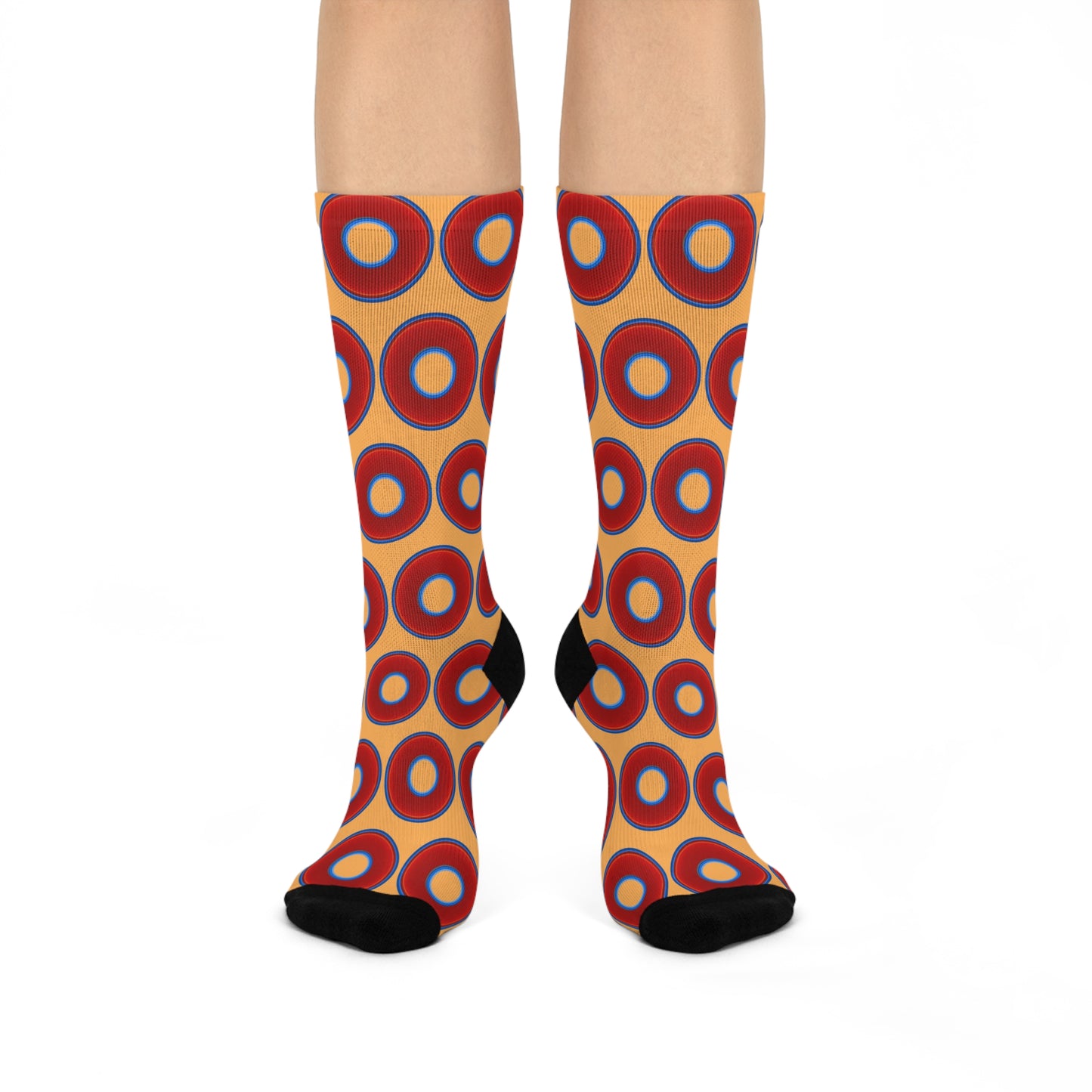 Lumpy Sox - cushioned crew - vivid red donut print w/creamsicle orange background