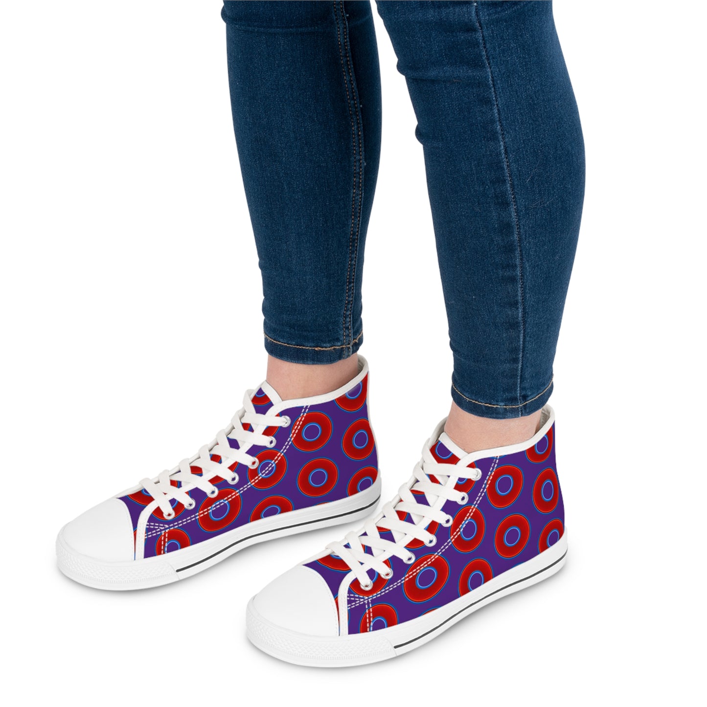 Women's High Top Chuck Taylors - large vivid red donut print w/purple background