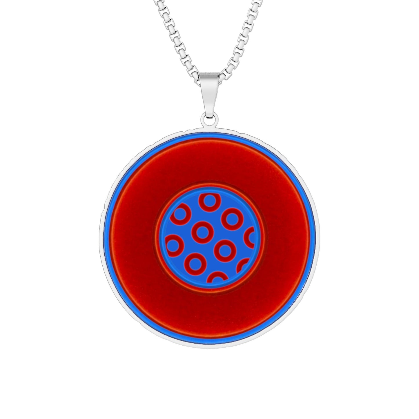 Lump's Heady Donut Necklace - 1" x 1" Stainless Steel Pendant - "Plain Vivid Donut w/Donut Print Background" - royal blue pattern & vivid red/blue donut - variant 1