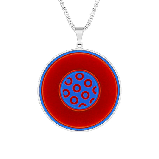 Lump's Heady Donut Necklace - 1" x 1" Stainless Steel Pendant - "Plain Vivid Donut w/Donut Print Background" - royal blue pattern & vivid red/blue donut - variant 1