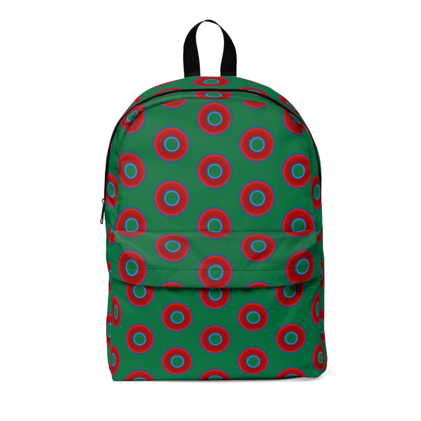 Donut Backpack - red vivid donuts w/green background