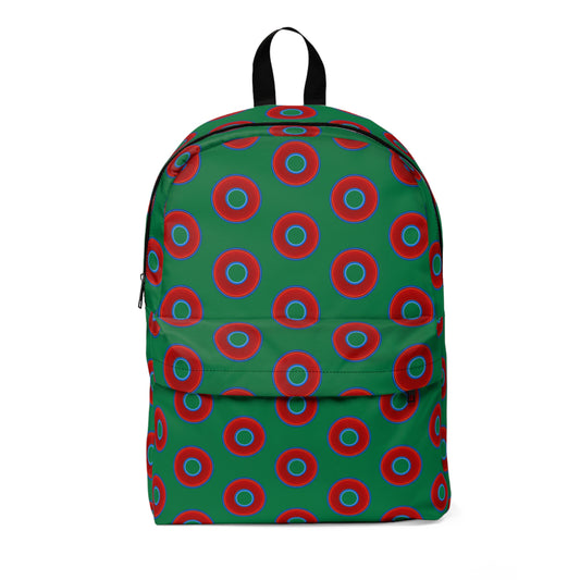Donut Backpack - red vivid donuts w/green background