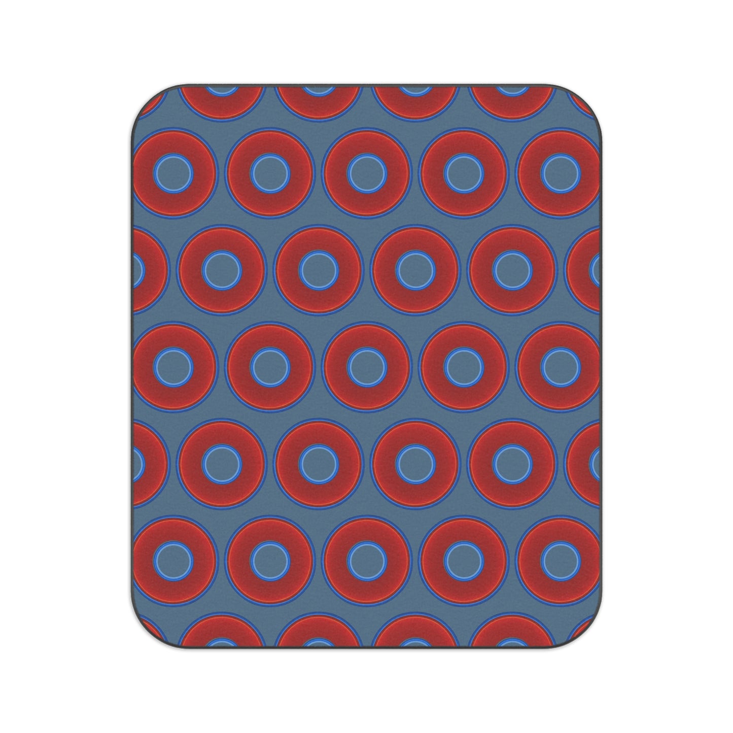 The Lumpy Party Blanket - giant water-resistant outdoor blanket [61" x 51"] - vivid red donuts w/steel blue background