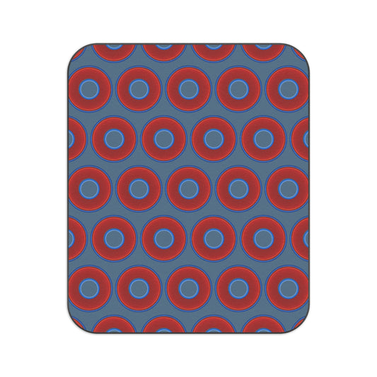 The Lumpy Party Blanket - giant water-resistant outdoor blanket [61" x 51"] - vivid red donuts w/steel blue background