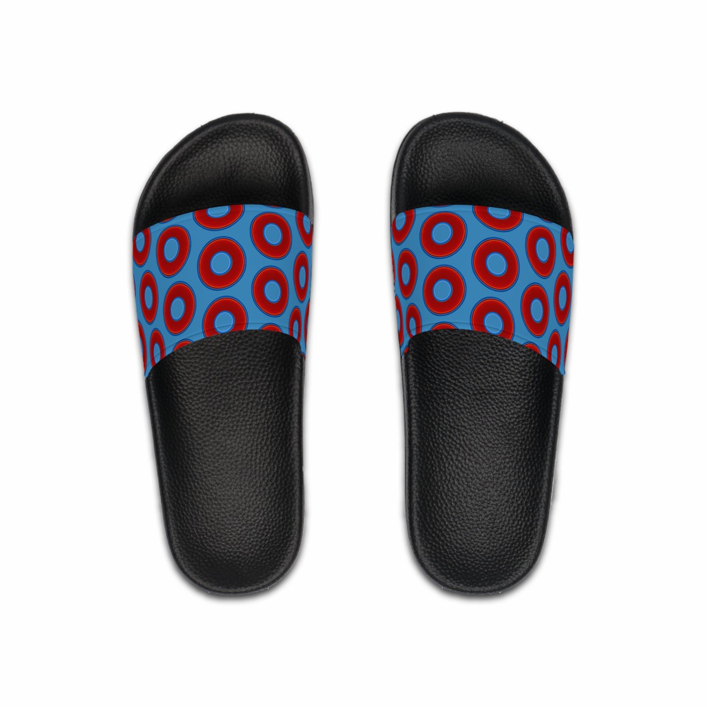 Men's Lumpy Sandals - slip-ons - red vivid donuts w/light steel blue background