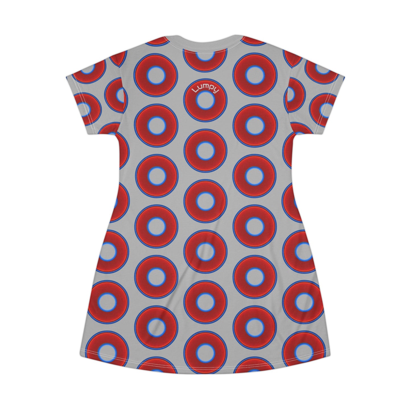 Not a Muumuu AOP Tee Shirt Dress - red vivid donuts w/lark dark gray background