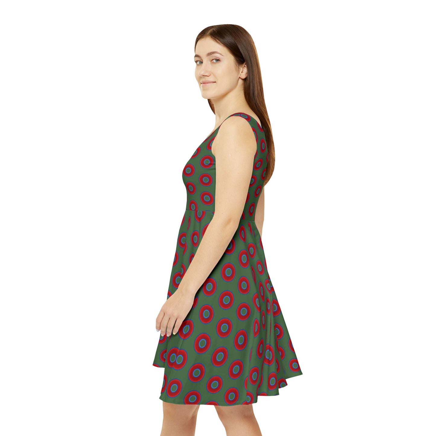 Women's Skater Donut Dress - vivid red donut print w/dark green background