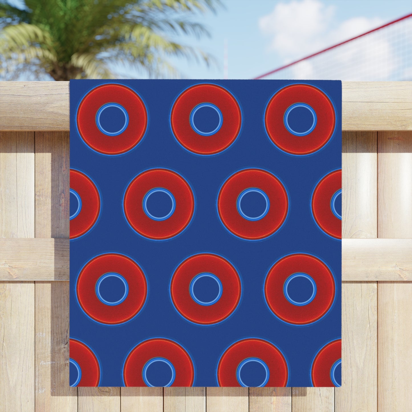 Lumpy Donut Towels - vivid red donuts w/dark blue background