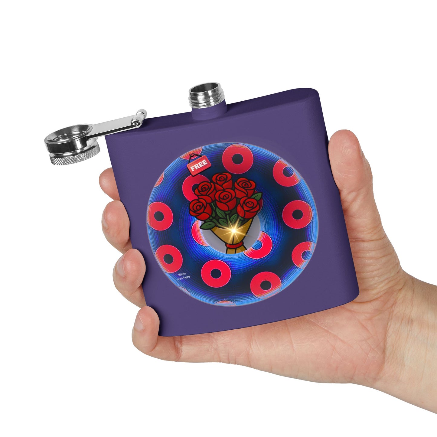 Lump's Donut Flask 6 oz -  "Donuts R Phree" - red/blue rustic donut - [*w/your choice of 6 backgrounds]