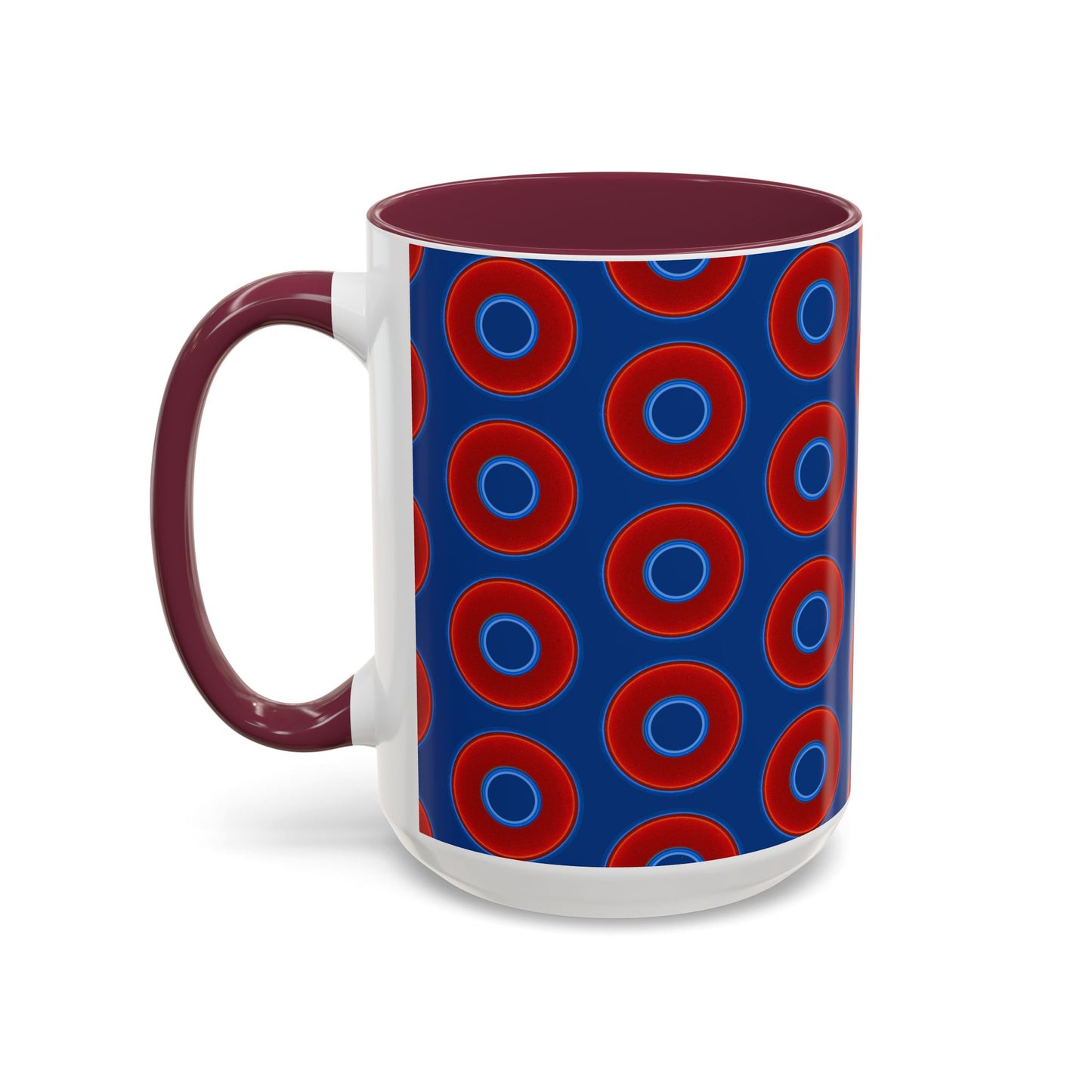 Lump's Grumpy Coffee Mug - vivid red donuts w/dark blue background