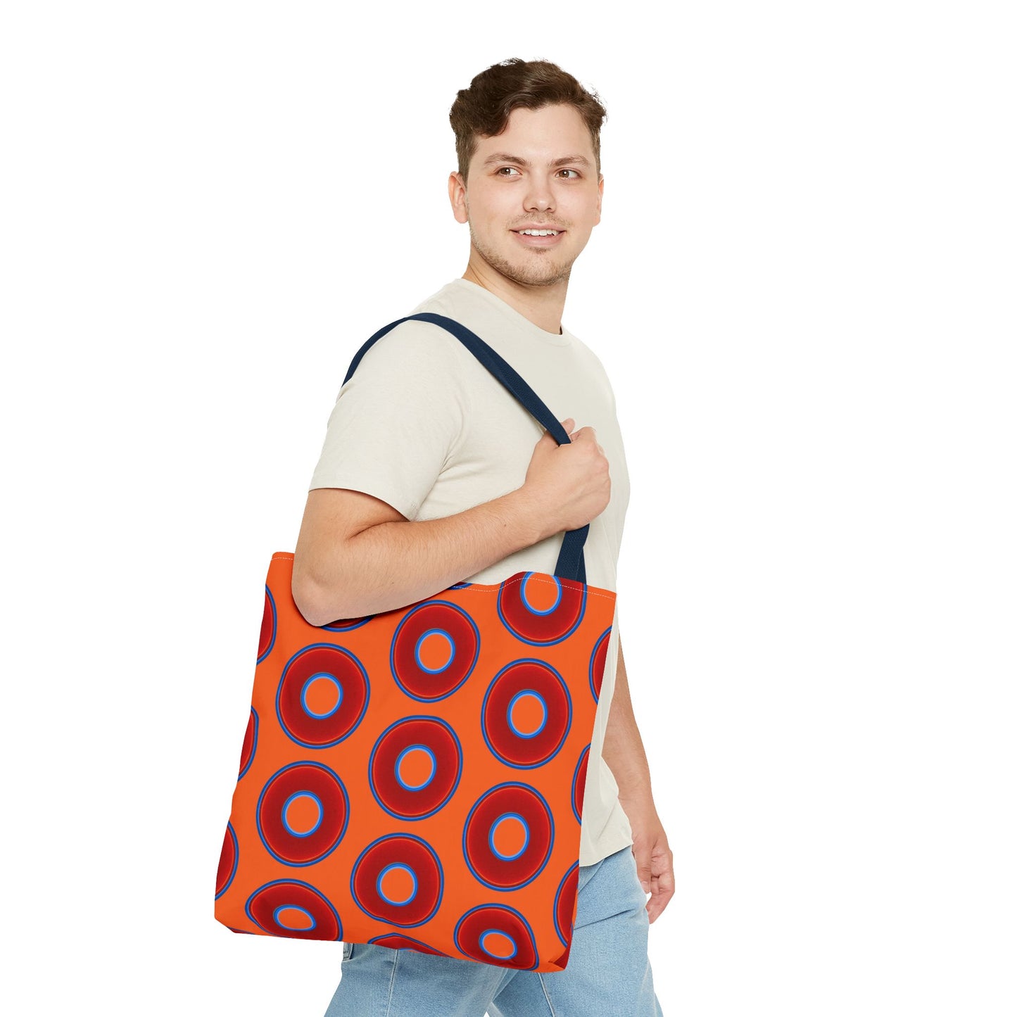 Lumpy Beach/Tote Bag - red vivid donuts w/dark orange background