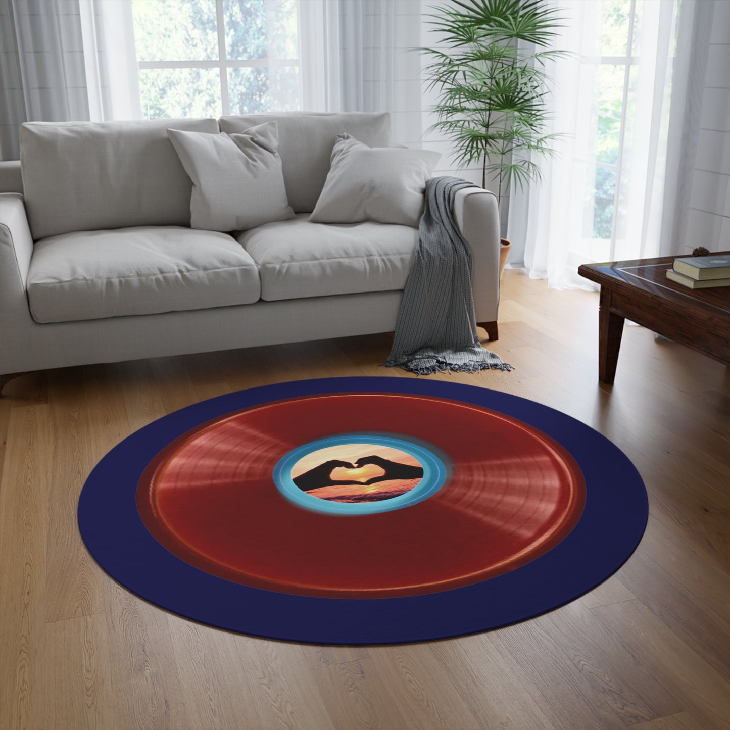 Round Room - 5 ft x 5 ft Lumpy Donut Rug - "Waste of a Perfectly Good Rug" - vivid red record donut w/navy background - variant 1