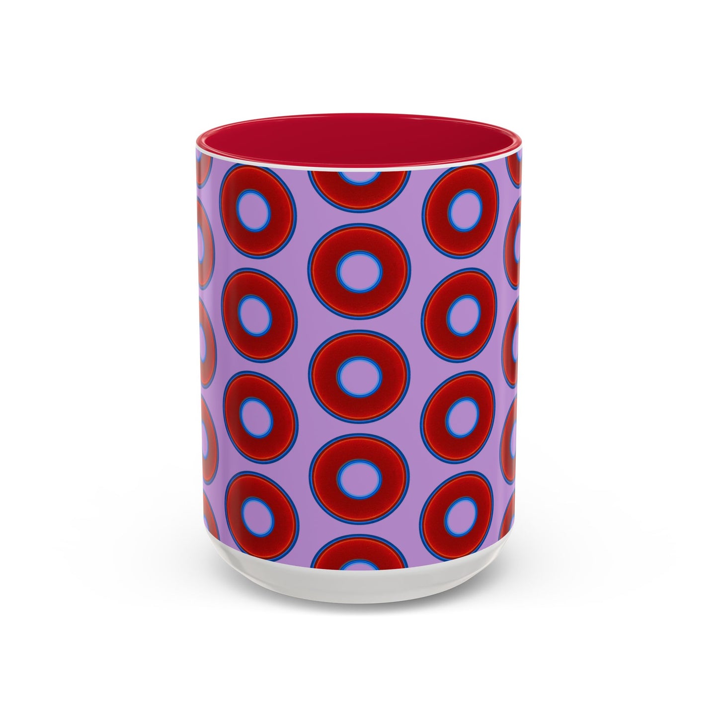 Lump's Grumpy Coffee Mug - vivid red donuts w/wisteria purple background