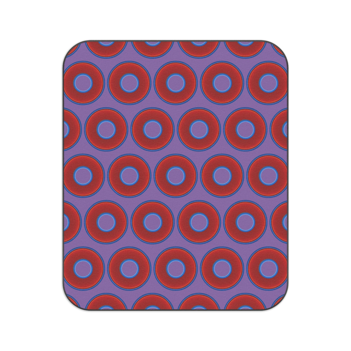 The Lumpy Party Blanket - giant water-resistant outdoor blanket [61" x 51"] - vivid red donuts w/light purple background