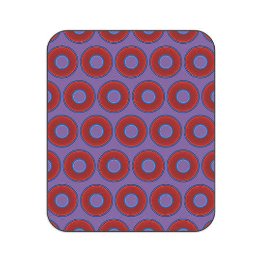 The Lumpy Party Blanket - giant water-resistant outdoor blanket [61" x 51"] - vivid red donuts w/light purple background