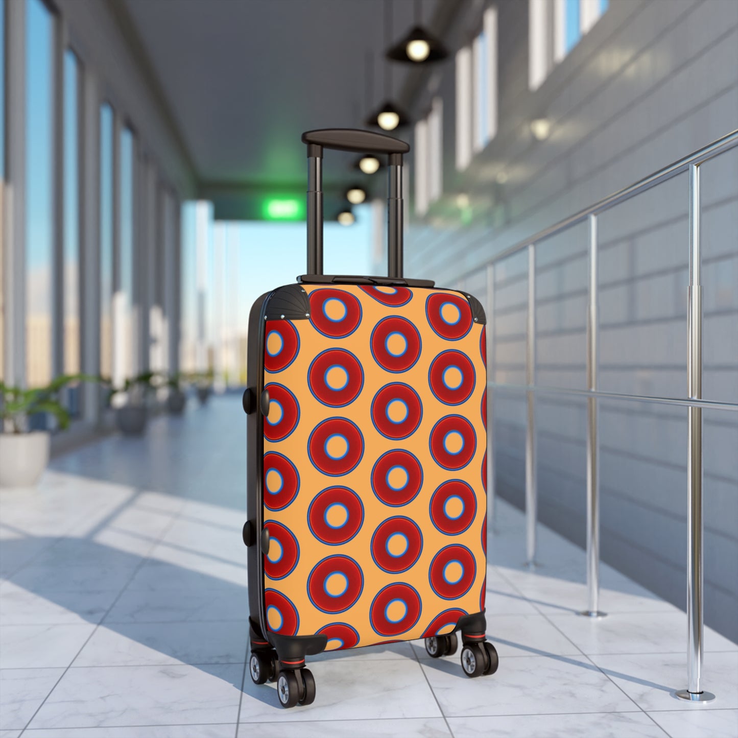 The Very Lumpy Donut Suitcase series - your choice of S, M or L - vivid red donut print w/creamcicle orange background