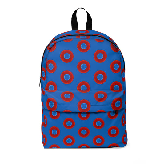 Donut Backpack - red vivid donuts w/dark royal blue background