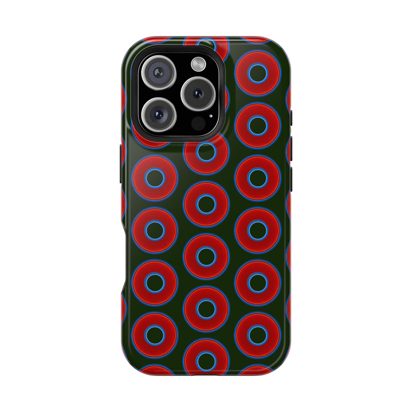 Impact-Resistant Lumpy Donut Case - red vivid donut print w/deep forest green background