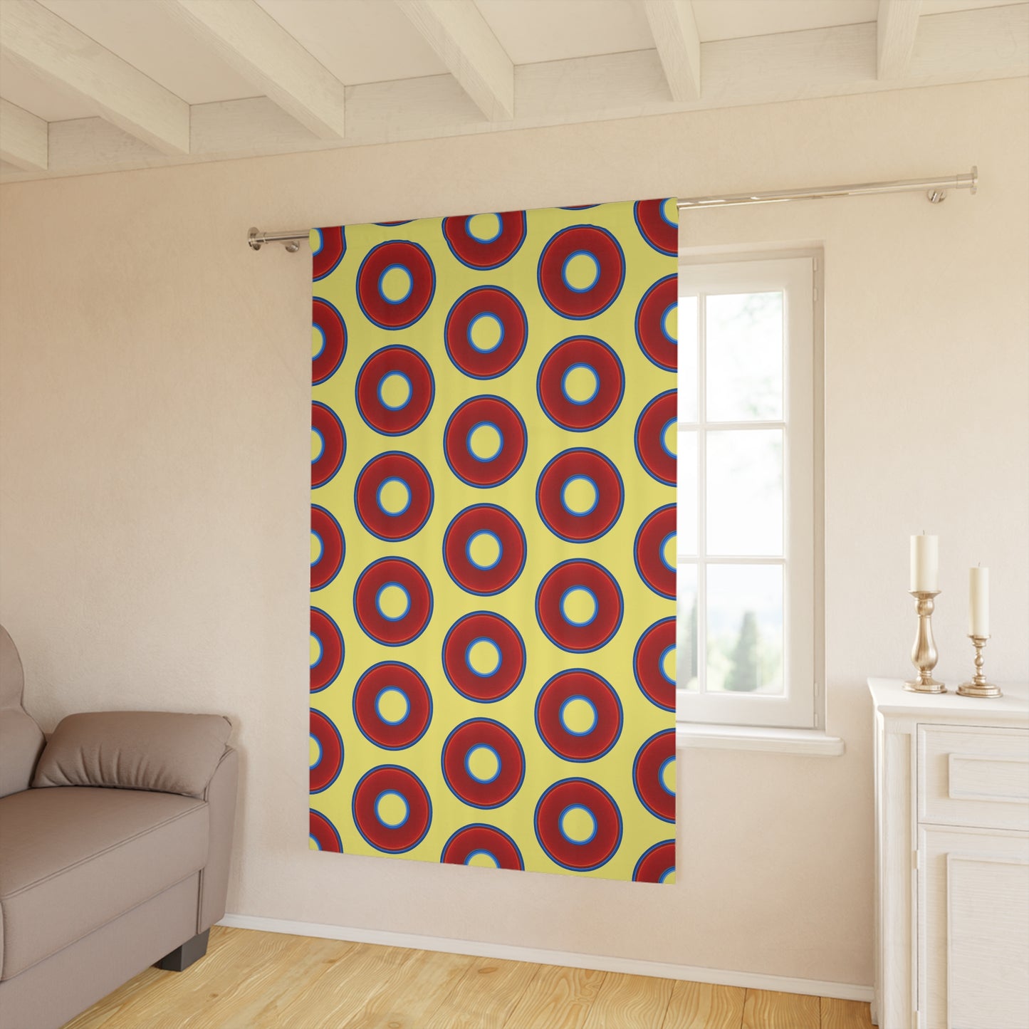 Lump's Heady Curtain w/Donuts - vivid red donut print - w/yellow background - [*1 Piece / 50" x 84"]