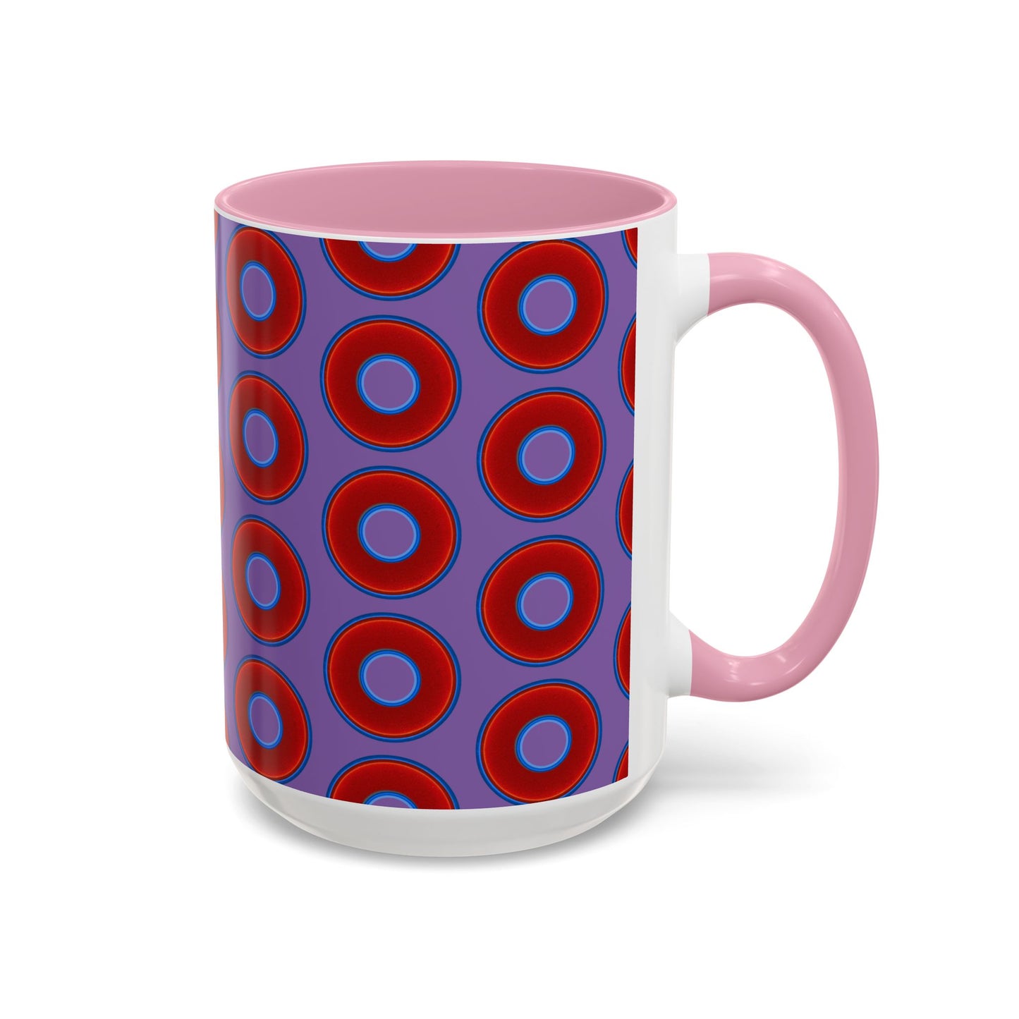 Lump's Grumpy Coffee Mug - vivid red donuts w/light purple background