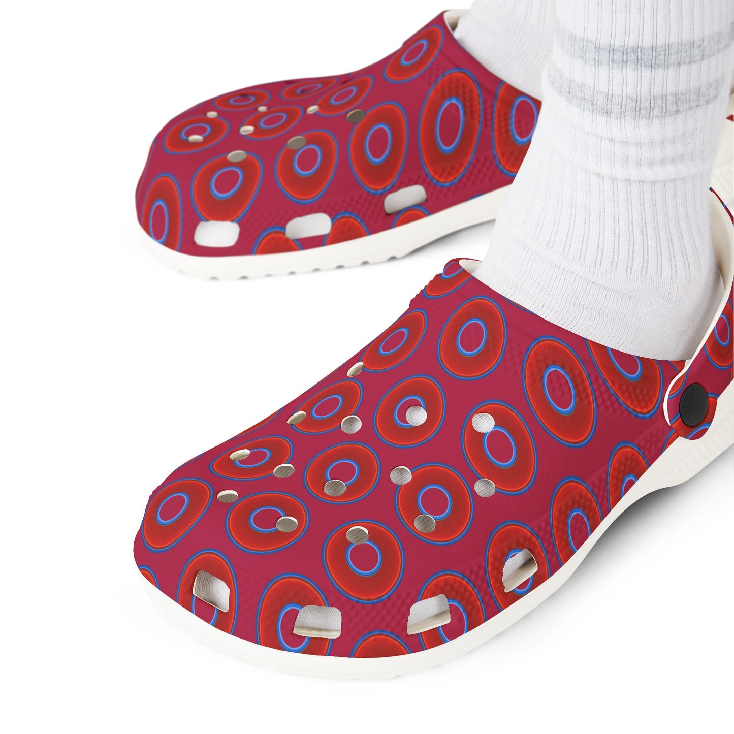 Spatchcocks - donut slip-on shoes - vivid red donuts w/dark magenta background [unisex]