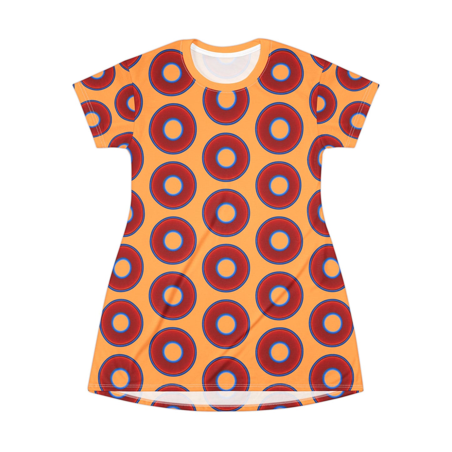 Not a Muumuu AOP Tee Shirt Dress - red vivid donuts w/creamsicle orange background