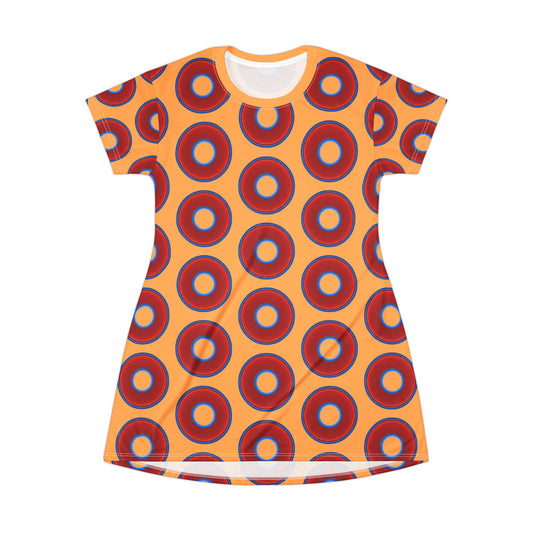 Not a Muumuu AOP Tee Shirt Dress - red vivid donuts w/creamsicle orange background