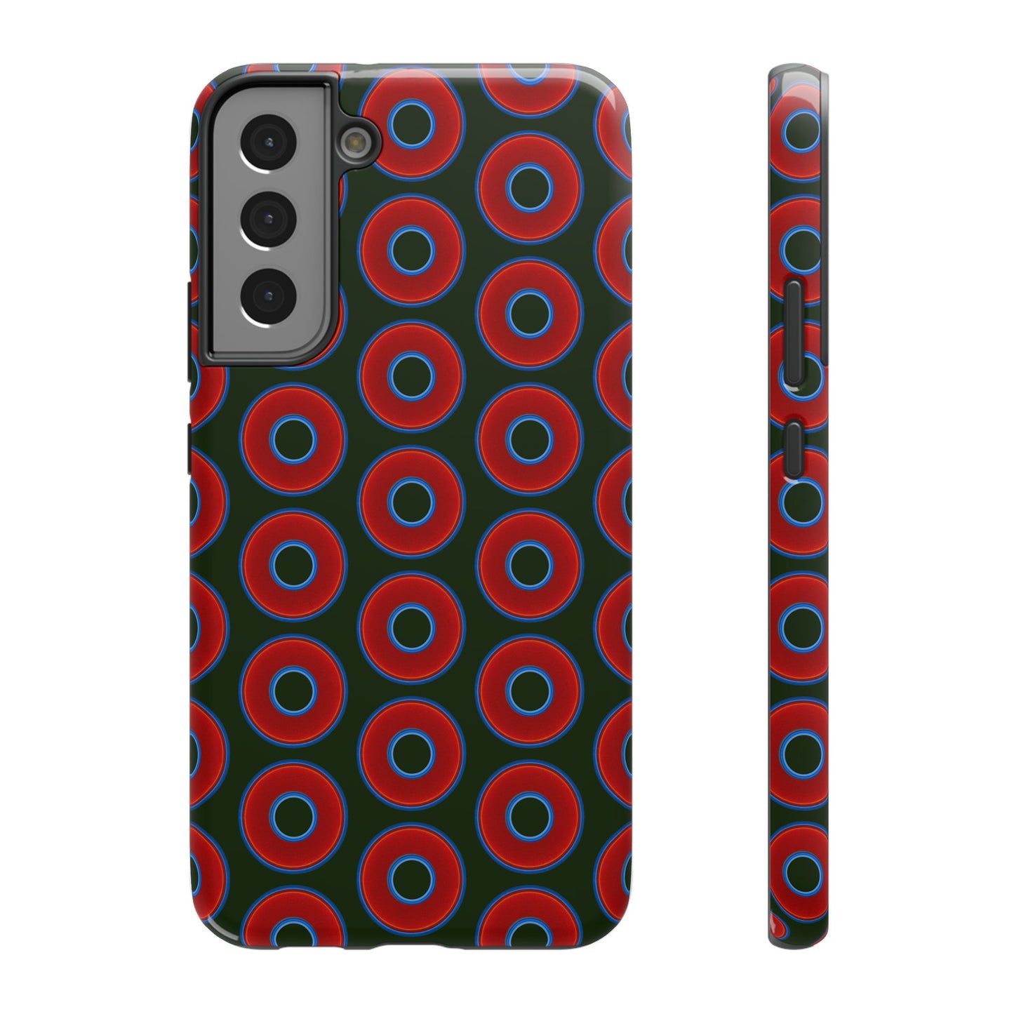 Impact-Resistant Lumpy Donut Case - red vivid donut print w/deep forest green background