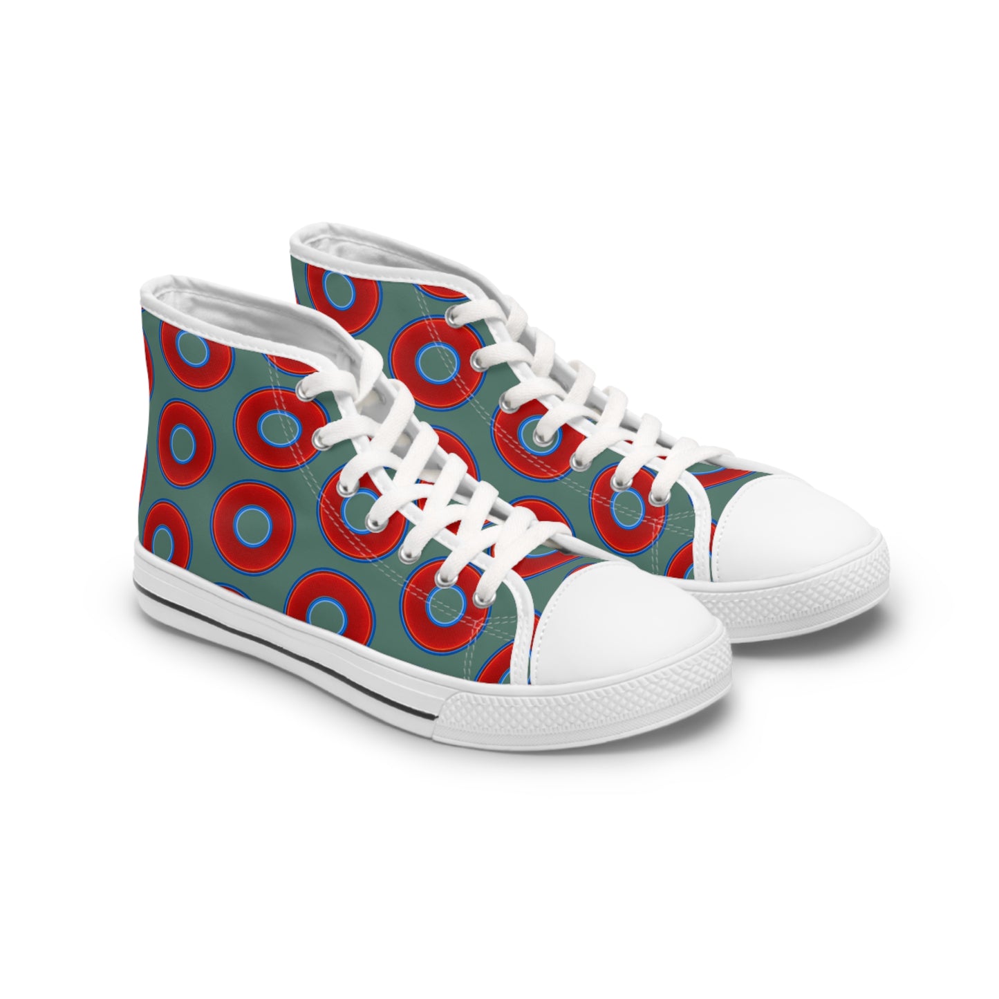 Women's High Top Chuck Taylors - large vivid red donut print w/Fenway green background