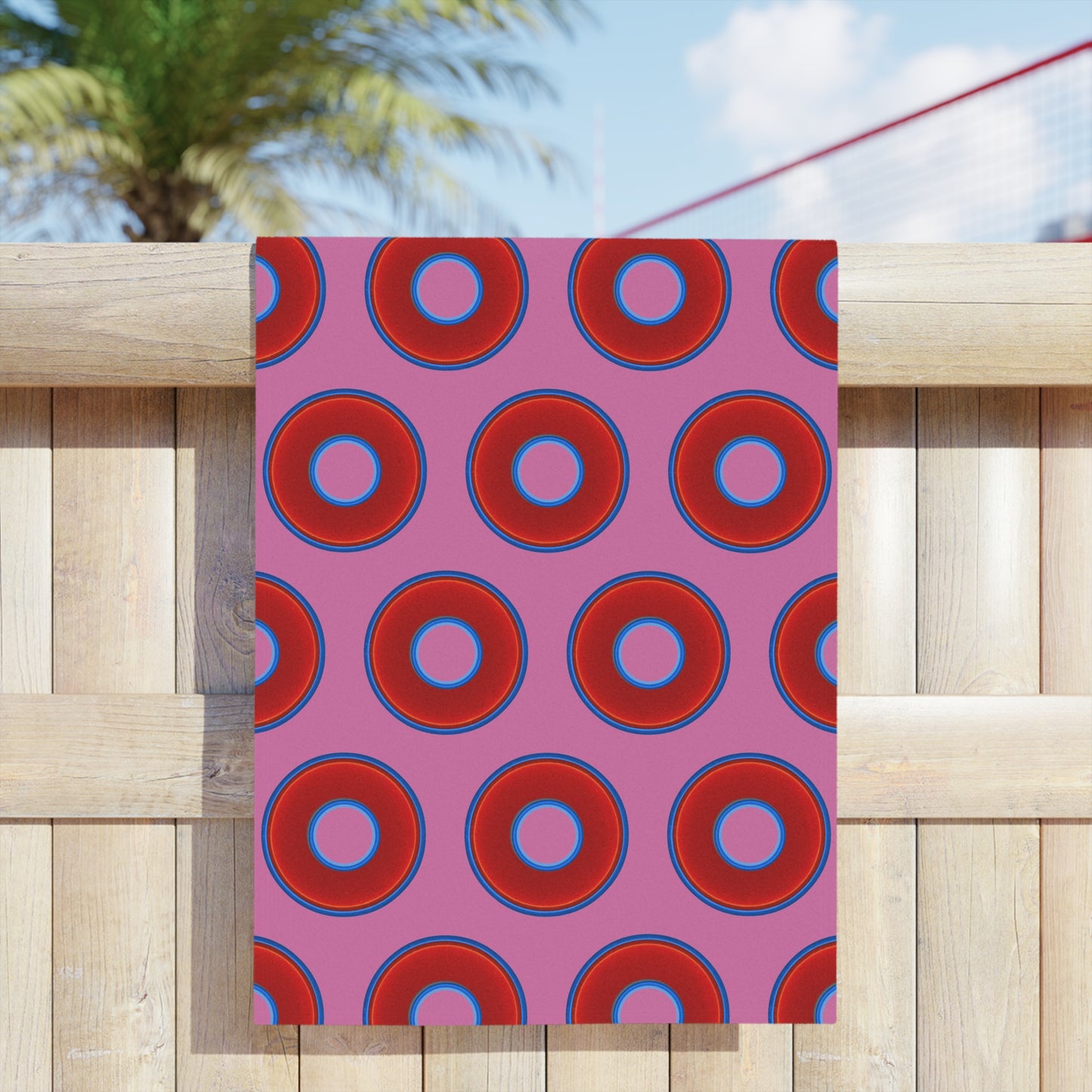 Lumpy Donut Towels - vivid red donuts w/pink background