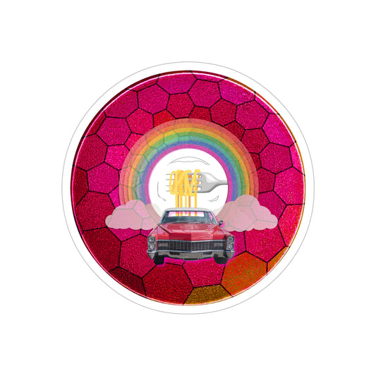 Donut Bumper/Outdoor Sticker - "Spaghetti Incident in my Caddy" - series 1.0 - variant - 3 - red caddy on magenta hexadonut - [Die-Cut] 6"x 6"