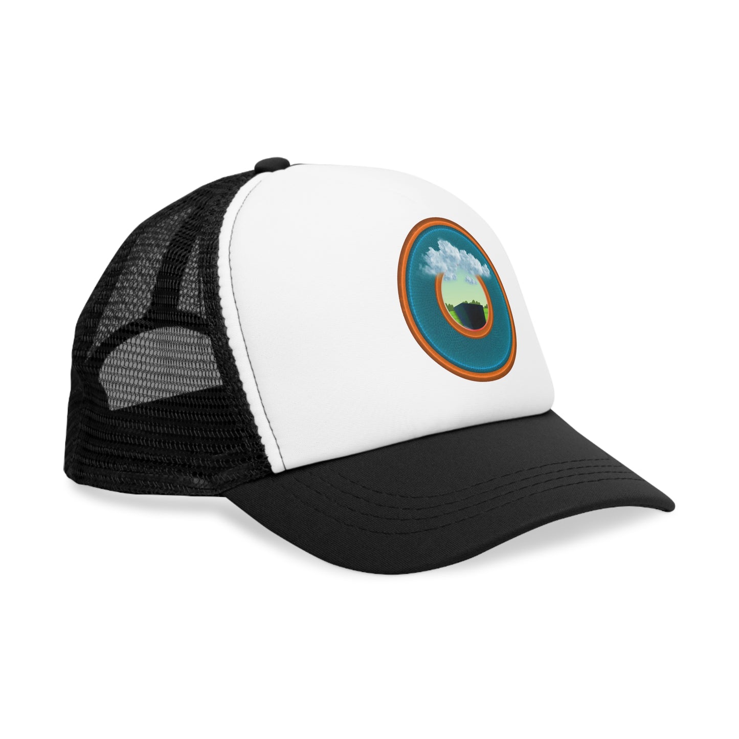 Lumpy Trucker Hat - "Got Rhombus?" - variant 5 - aquamarine/orange donut