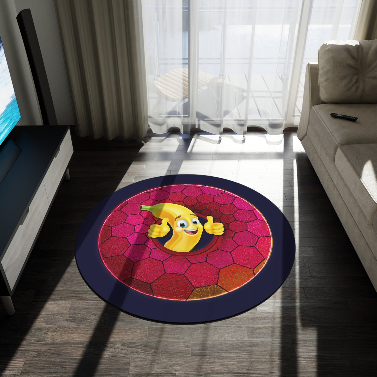 Round Room - 5 ft x 5 ft Lumpy Donut Rug - "Banana Bread Donut " - magenta hexadonut w/midnight purple background - variant 3
