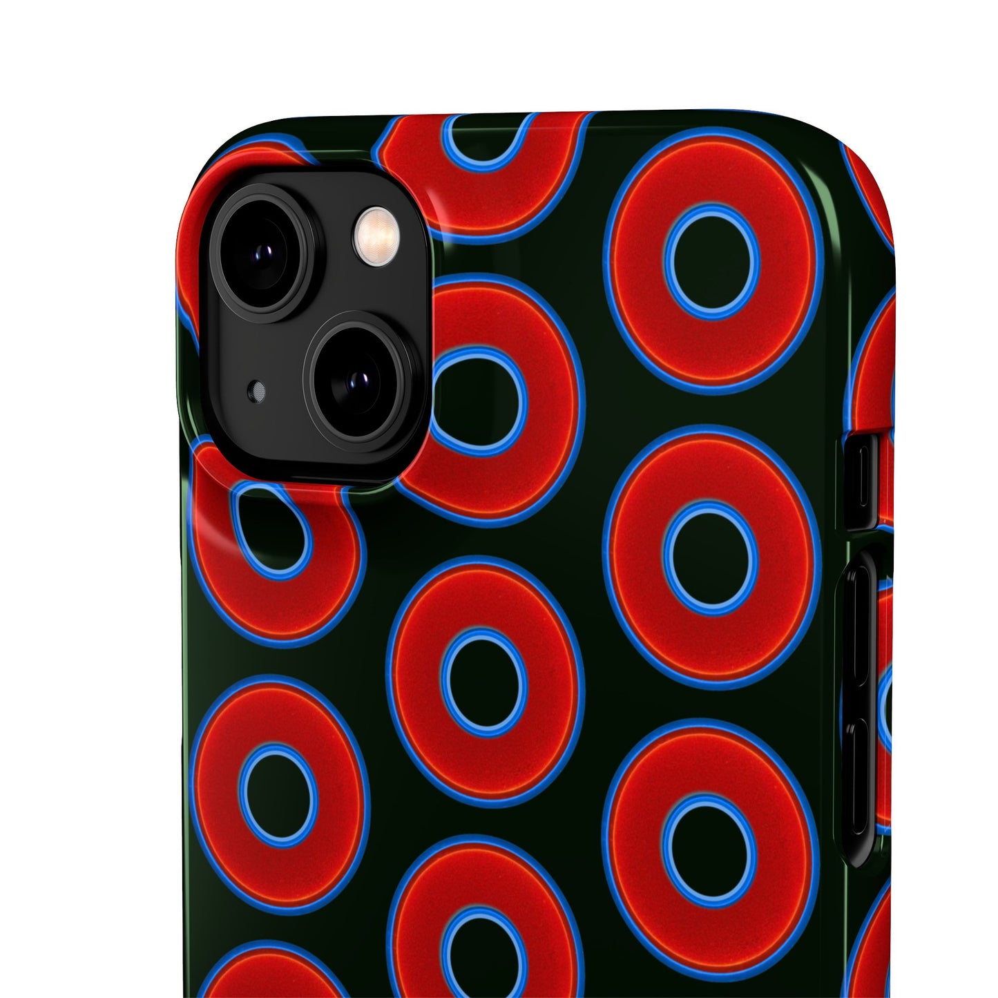 Lumpy Donut Snap Case - red vivid donut print w/midnight moss green background