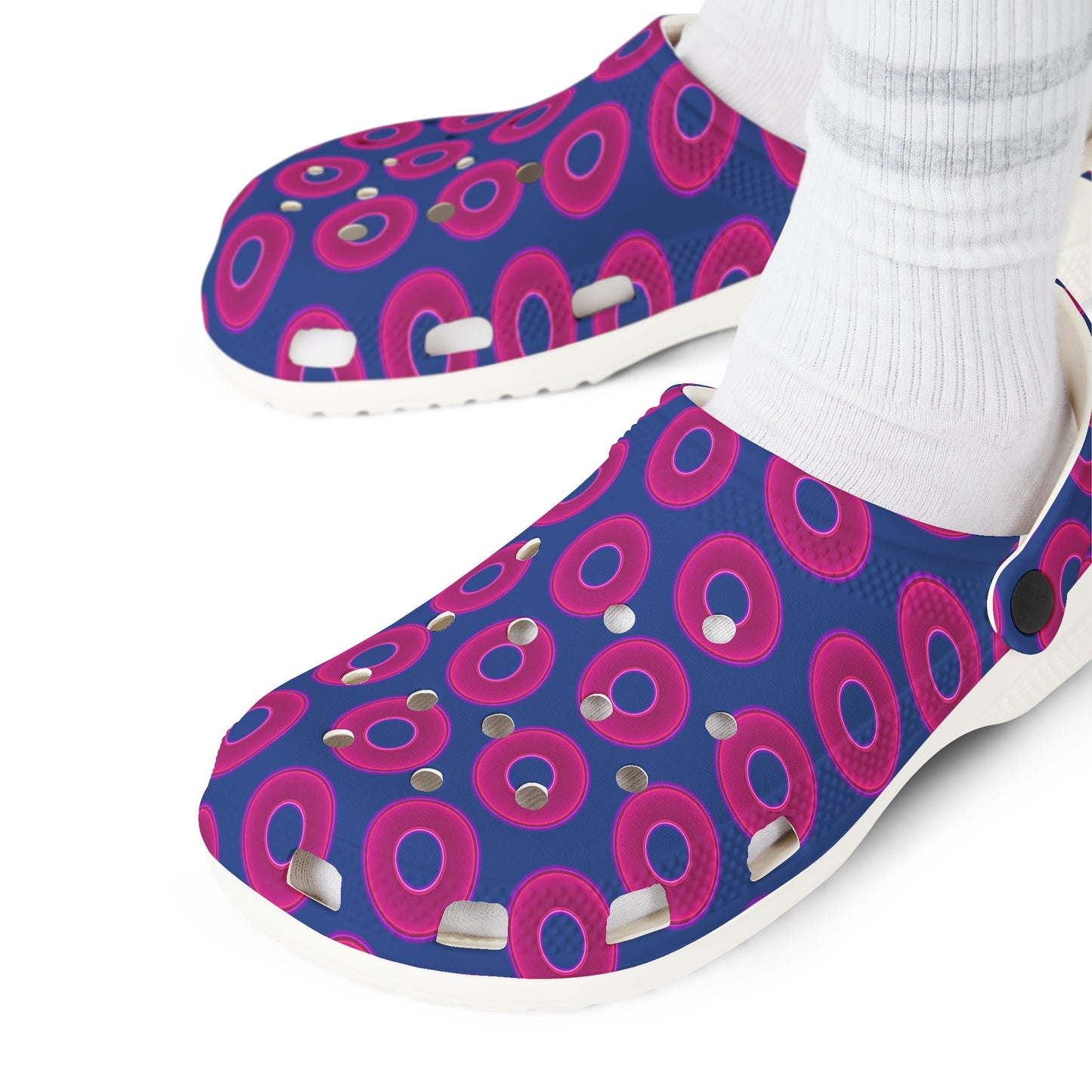 Spatchcocks - donut slip-on shoes - vivid magenta donuts w/dark blue background [unisex]