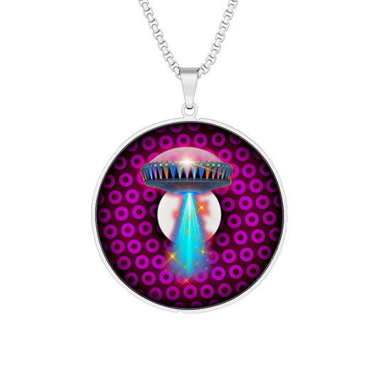 Lump's Heady Donut Necklace - 1" x 1" Stainless Steel Pendant - "They Serve Donut Pendants on the Mothership Now" - burgundy/magenta - variant 3