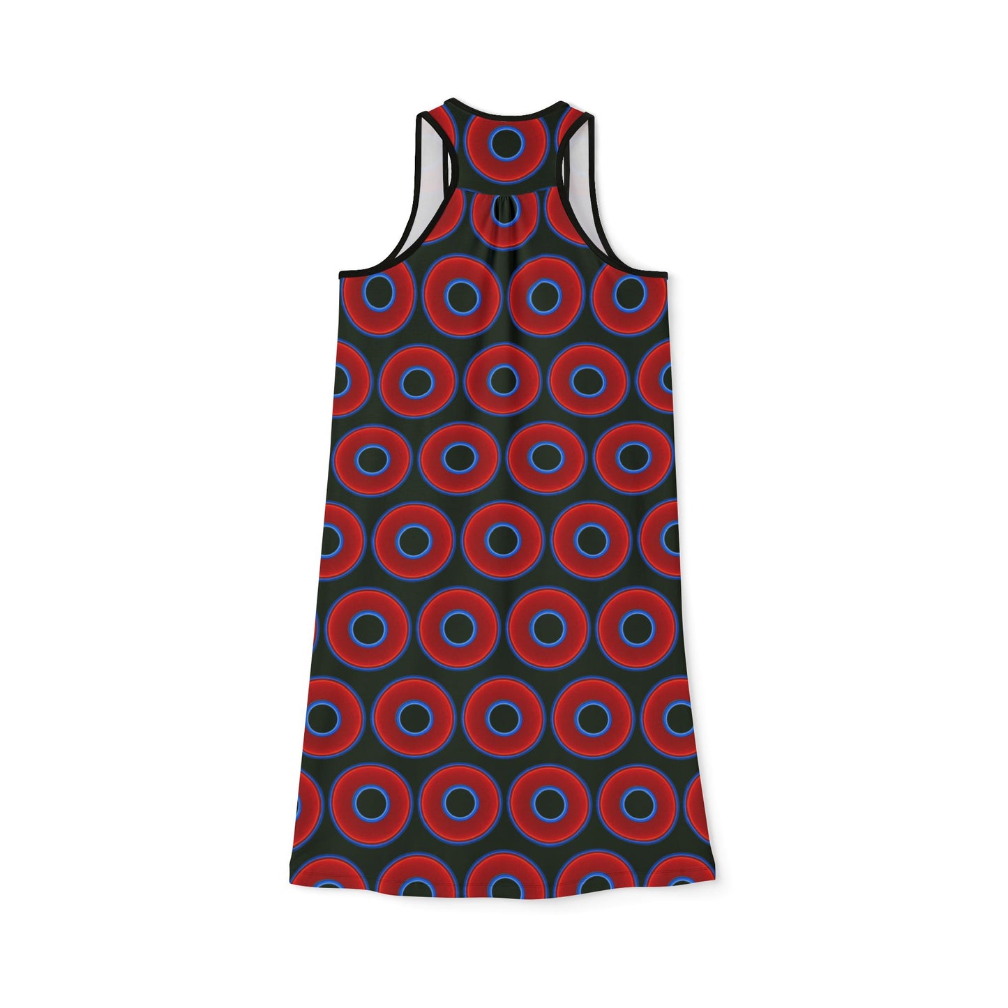 Tela's Lumpy Racerback Donut Dress - red vivid donut print w/deep forest green background