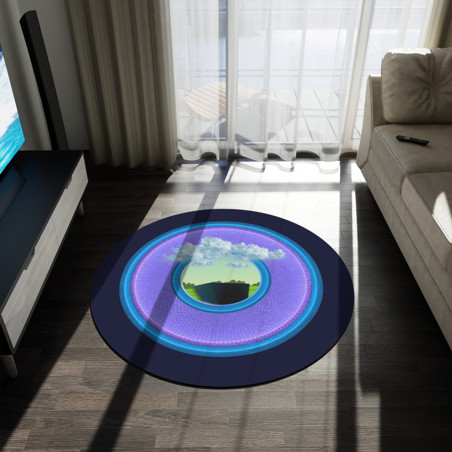 Round Room - 5 ft x 5 ft Lumpy Donut Rug - "Got Rhombus Rug?" - rustic purple/blue donut w/dark navy background - variant 2