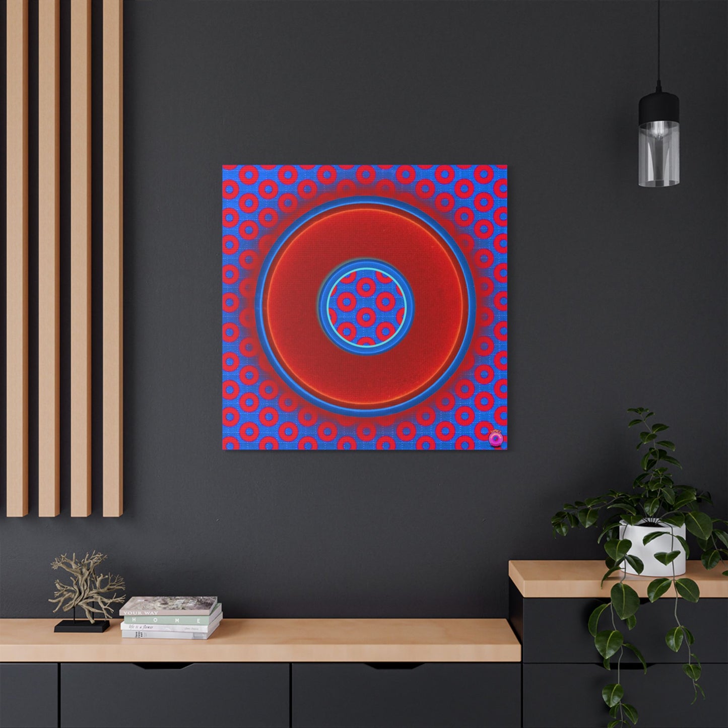 Donuts4charity - Giant Canvas [36" x 36"] - "Donuts within Donuts" - vivid red/blue donut on grid paradox donut background