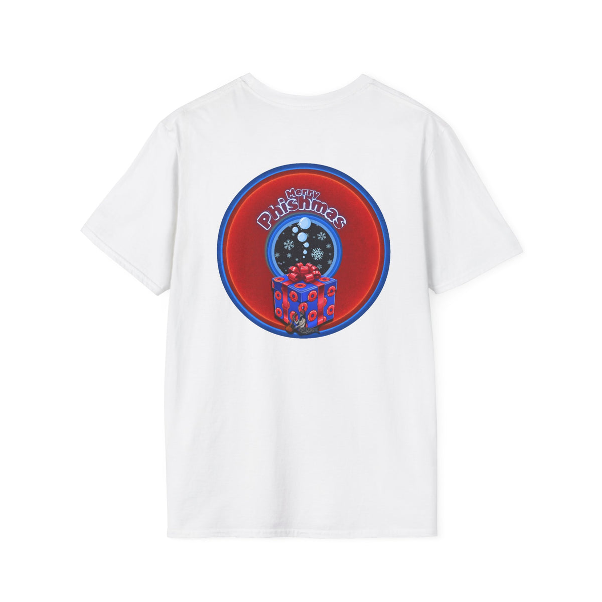 Classic Donut Tee - Unisex Soft-Style - "Phishmas Caroler's Tee " - vivid red/blue donut - variant 4
