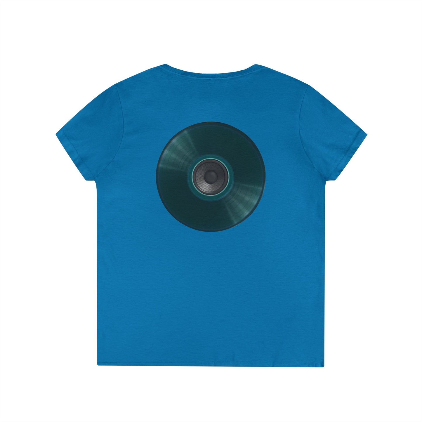Women's Donut V-Neck Tee - "Speaker Donut" - vivid teal record donut w/