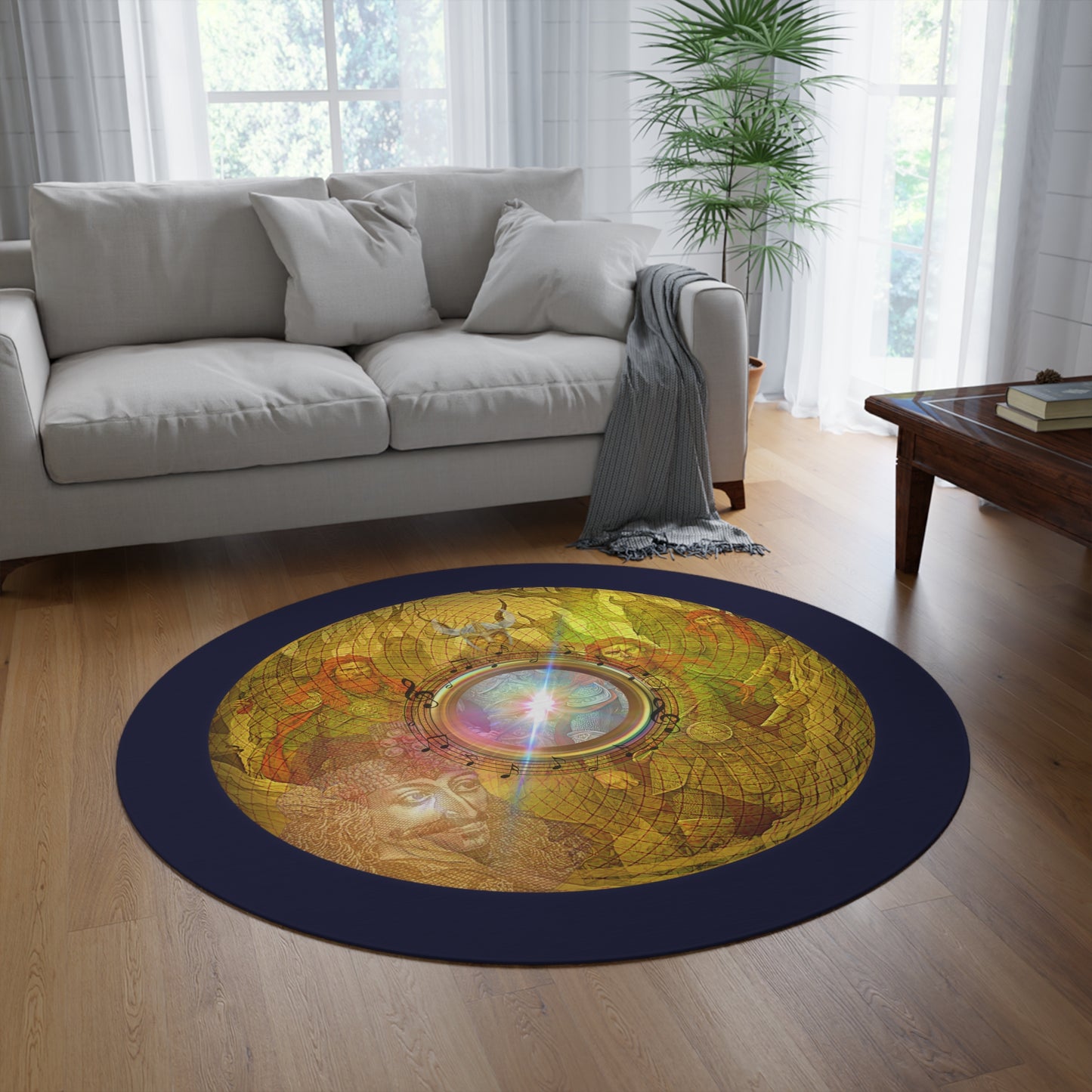 Round Room - 5 ft x 5 ft Lumpy Donut Rug - "The Impaling Donut Rug" - golden symmetrical donut w/dark navy background